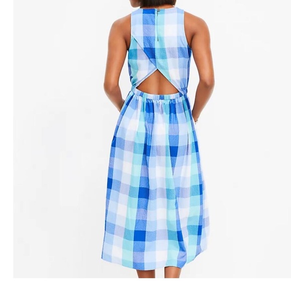 LOFT Plaid Cutout Back Midi Pocket Dress Blue Aqua White Size M. NWT - Picture 2 of 15